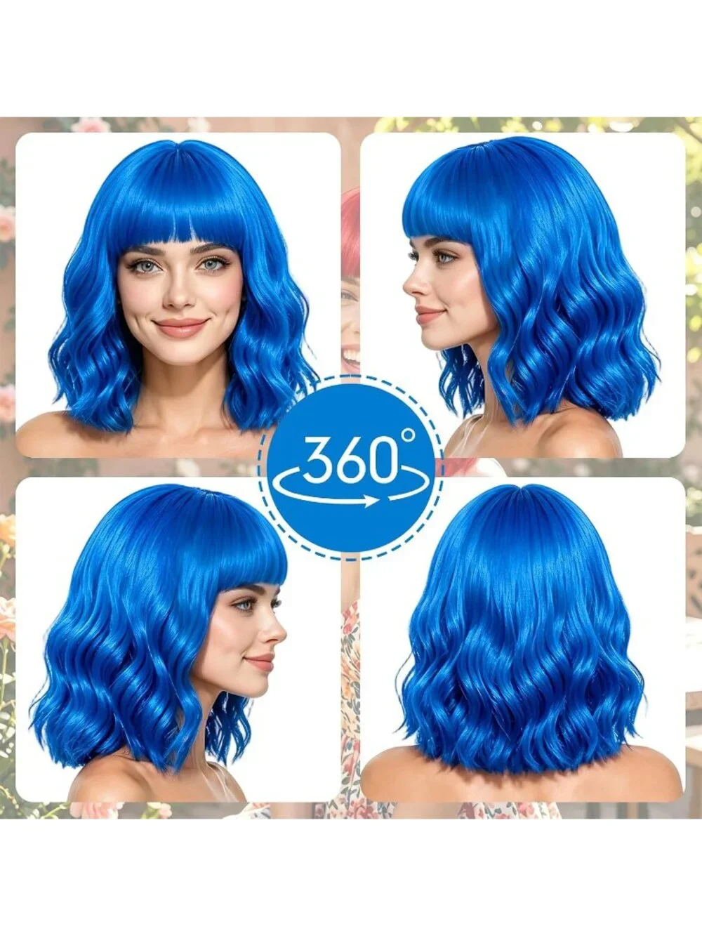 Women's Royal Blue Curly Bob Synthetic Wigs Bangs With Neon Heart Sunglasses